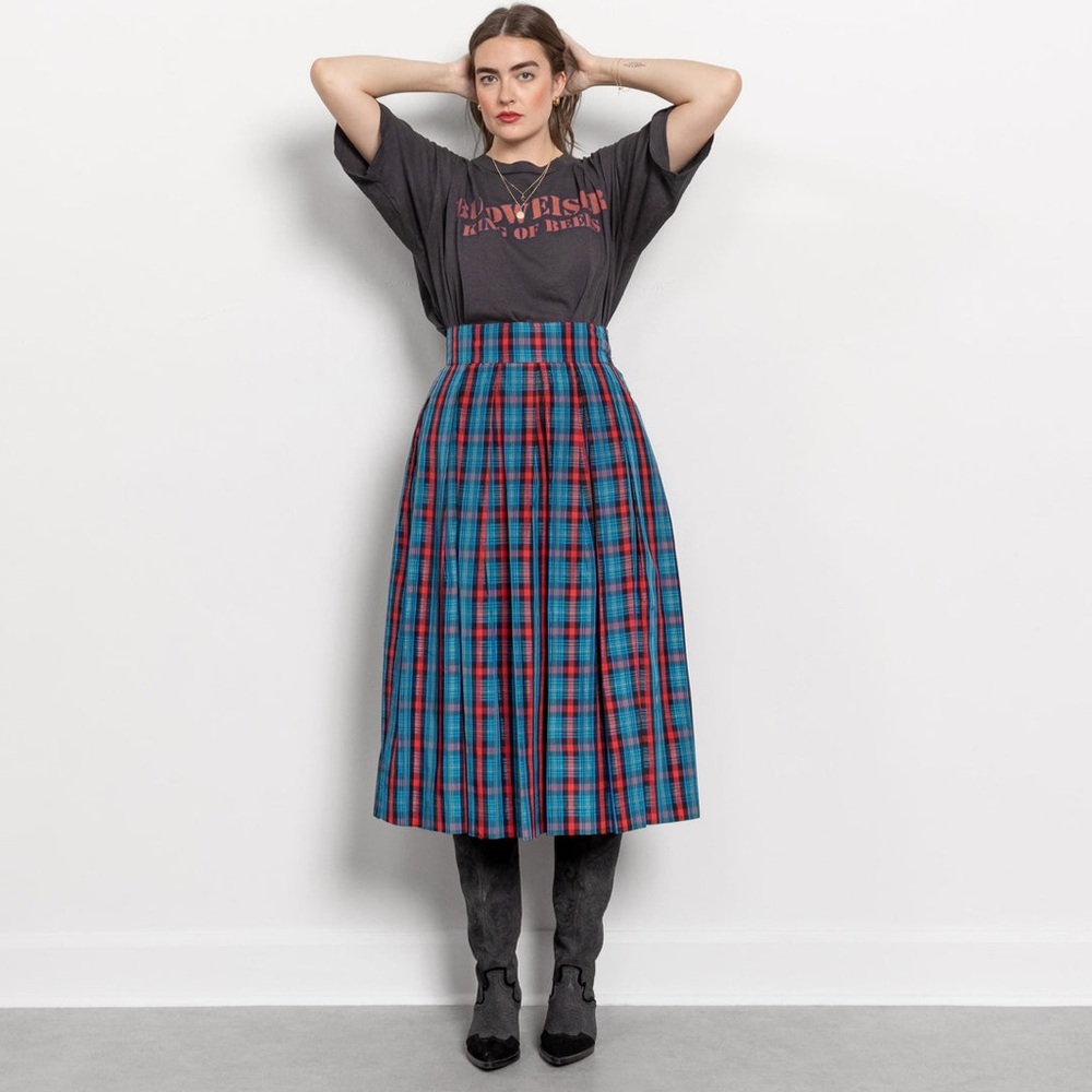 VINTAGE 90s Blue Red Plaid Midi Skirt Deadstock Holiday Christmas‎ Size 8 New